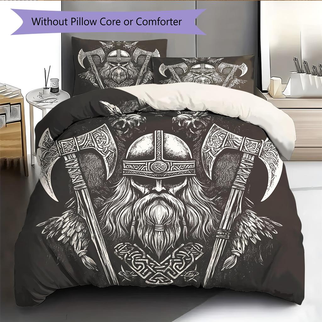 Wikinger-Krieger Muster Bettwäsche Steppdecke Set Bettbezug Kissenbezug Heimdekoration Geschenk (1 Bettbezug + 2 Kissenbezüge, ohne Füllung)