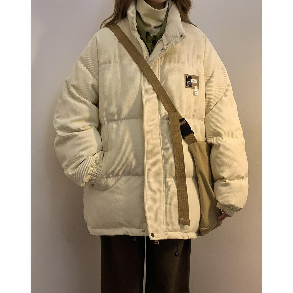 American Style Corduroy Patchwork Cotton Jacket - Stand Collar, Loose Fit, Thick Padded Winter Coat.