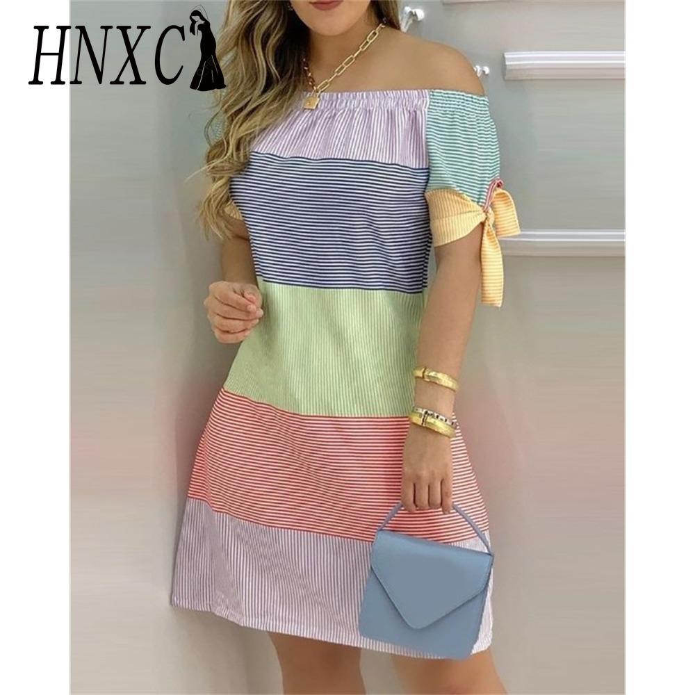 HNXC Women Fashion Off Shoulder Dress Short Sleeve Bow Tie Print Dresses Summer Beach Dresses Plus Size