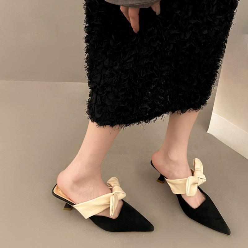 French Baotou slippers satin fashion fairy high heels new pointed toe shallow mouth temperament bow high heels