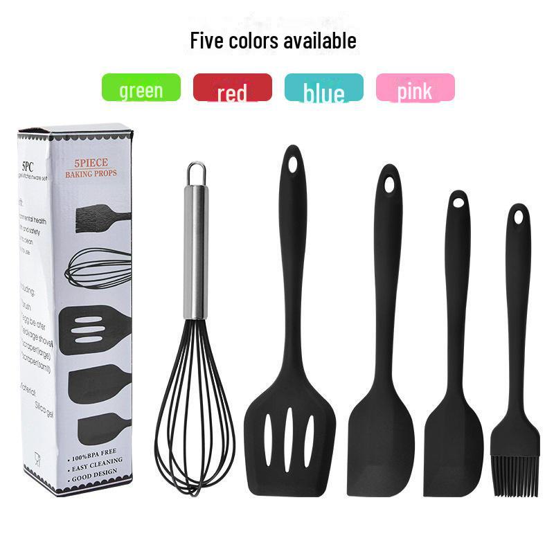 Five-Piece Silicone Kitchen Tool Set: Egg Beater, Scraper, Steak Frying Spatula, and Drain Spatula. Ideal for Baking and Cooking.