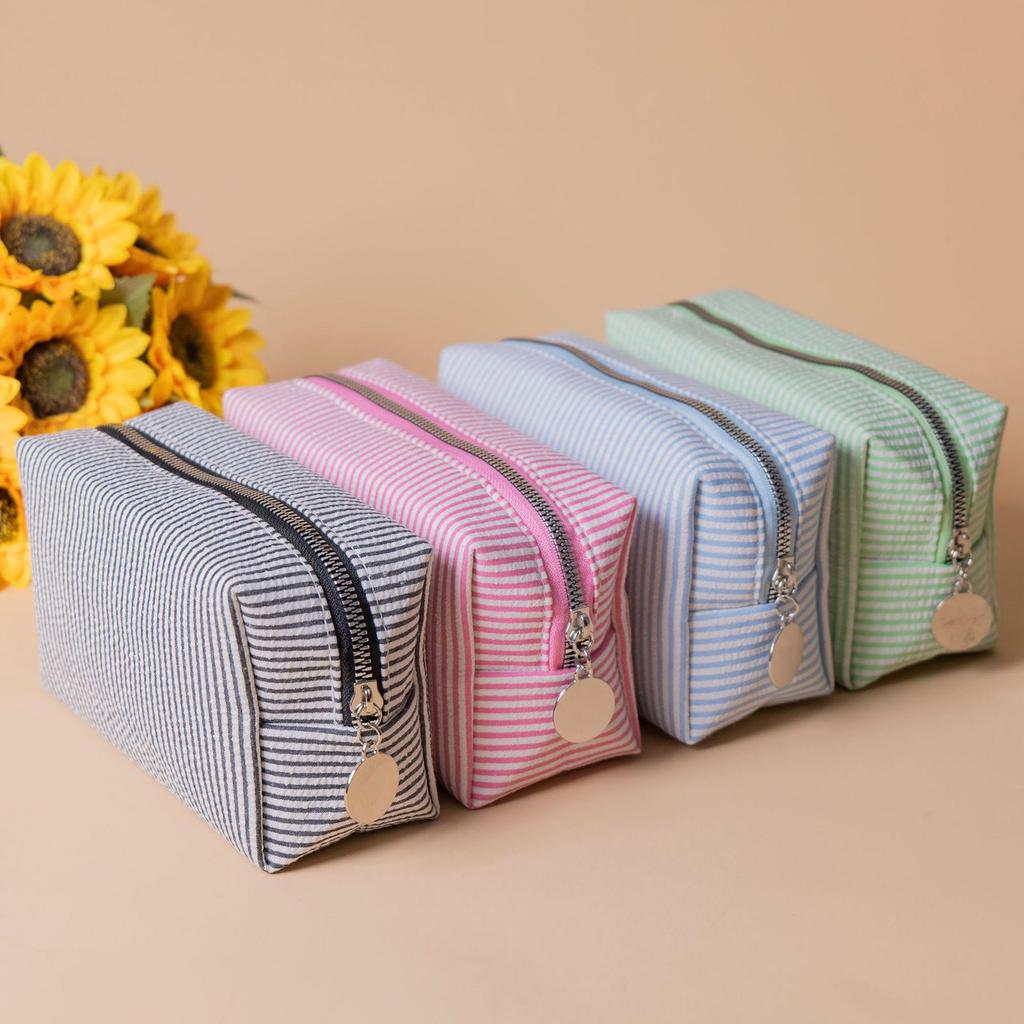 Striped Embroidery Makeup Bag Travel Cosmetic Organizer Waterproof Portable Toiletry Pouch For Women