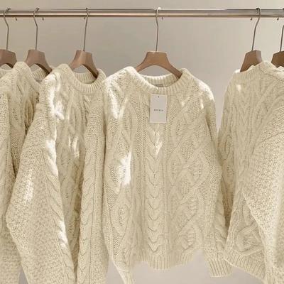 Japanisch Retro Koreanisch Off White Frittierte Teigzwirbel Pullover Damen Verdickt Outer Lockerer Lässiger Stil Dünne Wolle Strickoberteil Weiblich