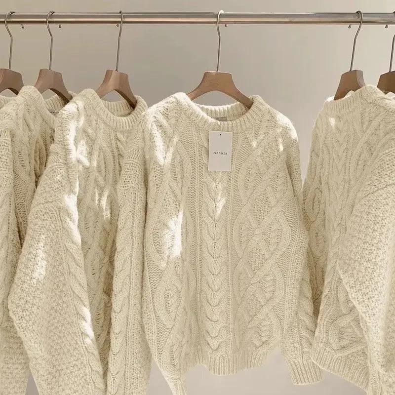 

Японский Ретро Корейский Молочно-белый Плетеный свитер Женский Утепленный Верх Свободного Ленивого Стиля из Тонкой Шерсти Женский XXL бежевый