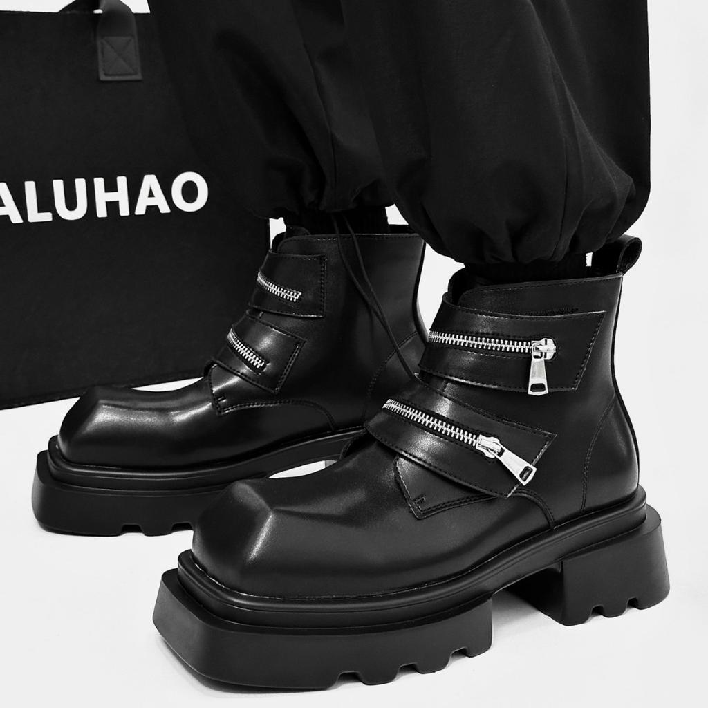 Platform Zipper Shoes for Men Luxury Shoes Leather Business Dress Shoes All-Match Casual Wear-Resistant Footwear Chaussure Homme