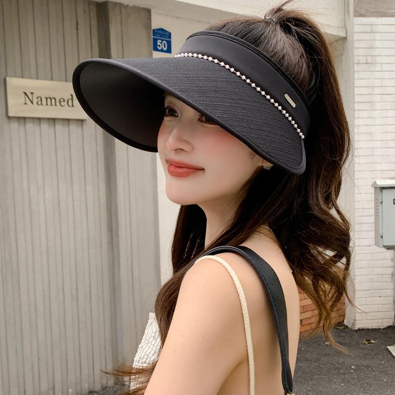 Hat Women's Summer Empty Top Sunscreen Hat Premium Sense Pearl Sun Hat Anti-UV Breathable Face Hat Tide
