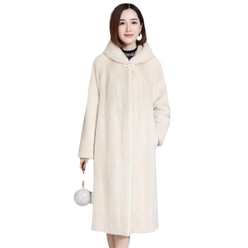 Imitationspelzmantel Damen Imitationsnerzsamt Imitationspelzmantel Damen Lang mit Kapuze Neu Herbst und Winter Verdickt Slim Fit