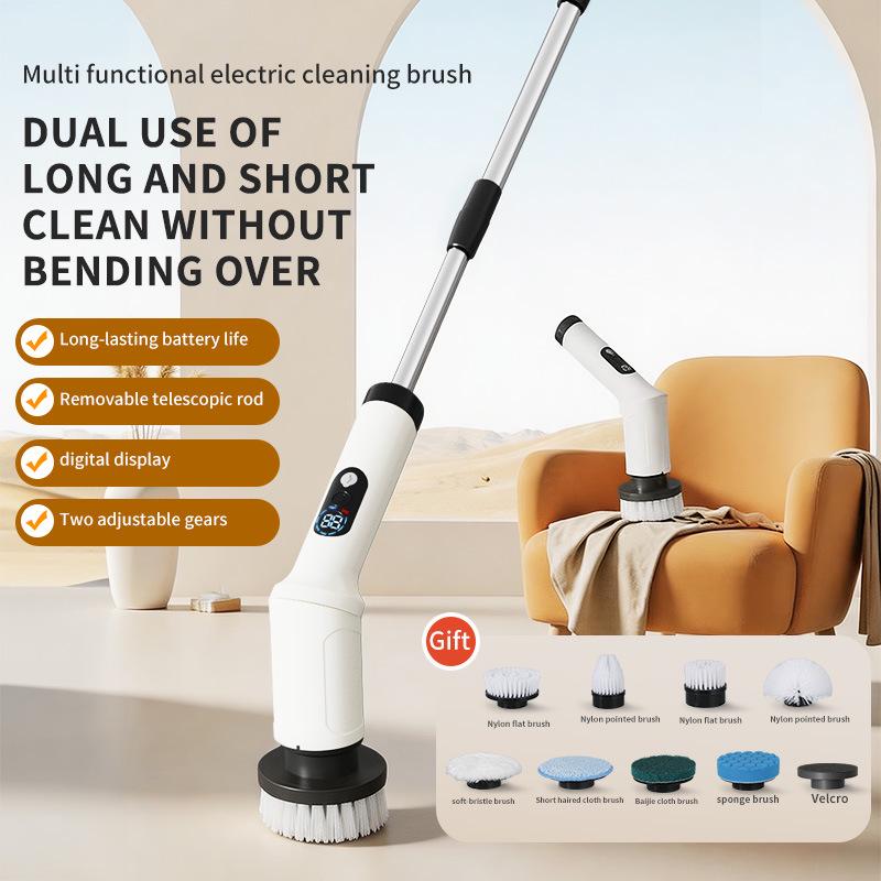 Multi-Functional Electric Cleaning Brush for Kitchen & Bathroom with Telescopic Handle and Digital Display
