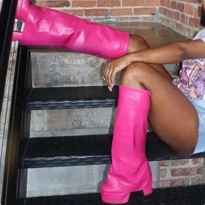 Fashion New Candy Colored Super High Heels Double Water Platform Knee High Boots Sexy Spicy Girls Nightclub Pole Dance Women's Boots 43