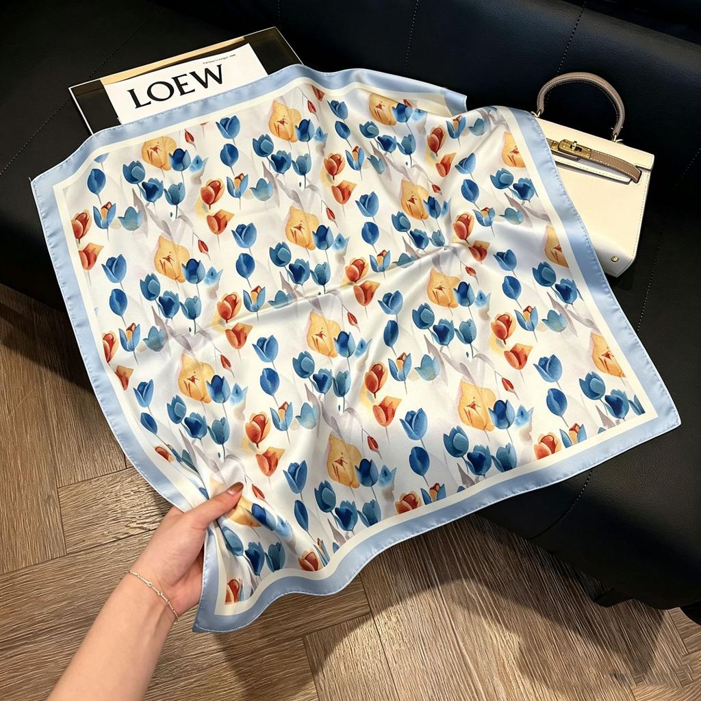 71Cm New Chinese Simulation Silk Square Scarf Soft and Skin-friendly Ink Flower Rhyme Printing Silk Scarf Neck Sunscreen Small Scarf