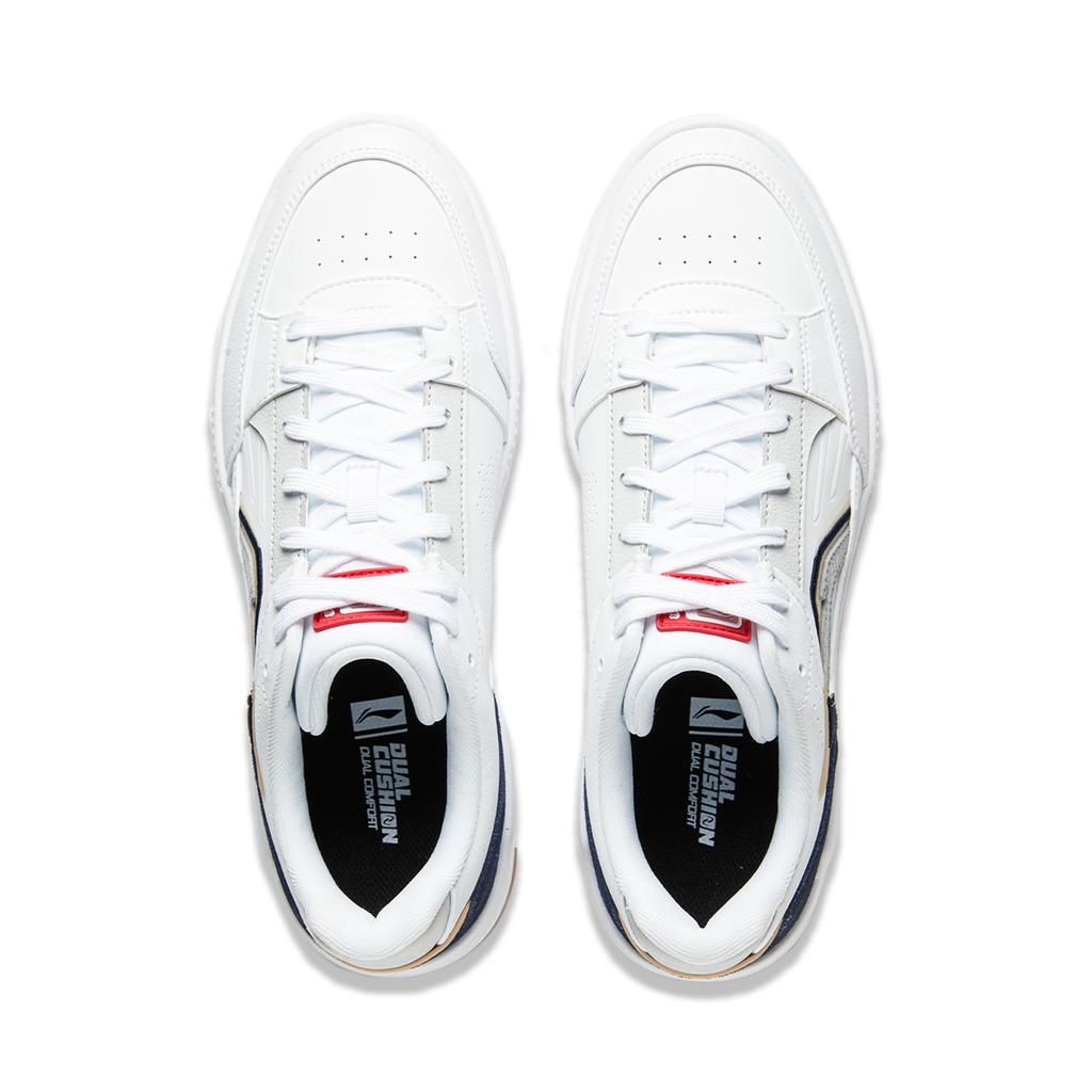 Li Ning Common 80s Comfortable Lace-Up Thick Sole Height Increasing Non-Slip Shock Absorbing Low-Top Skate Shoes Men Sneakers White Blue AGCU055-2