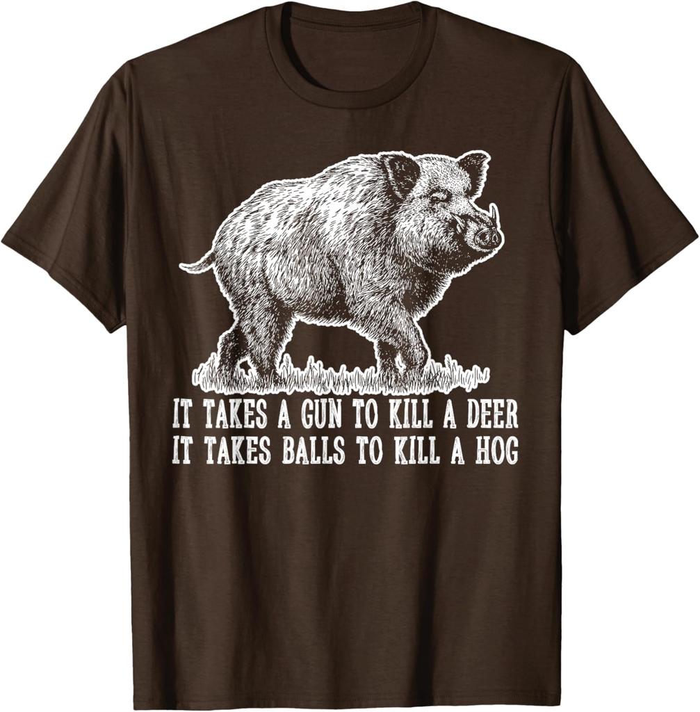 Hunting Hog Pig Sus Deer Hunting It Takes Balls Funny T-Shirt Wild Boar Graphic Tee Casual Cotton Crewneck Shirt for Unisex