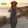 Rochie casual tip halteră plisată pentru femei, rochie maxi cu gât, decolteu adânc V, fără mâneci, fluidă, rochie de soare pentru vacanță la plajă, de vară, fluidă, cu buzunare, fustă lungă care subțiază