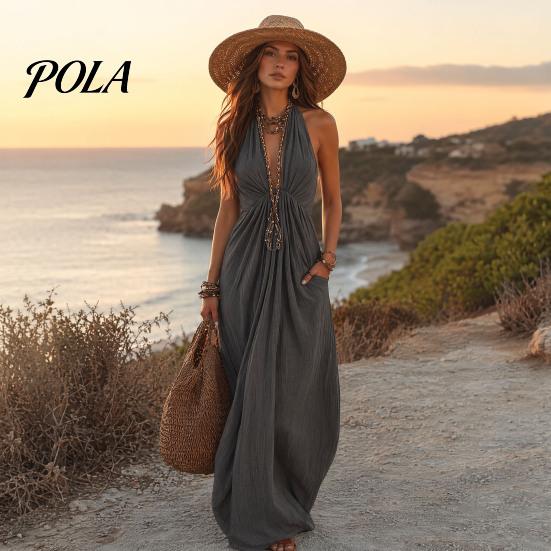 Rochie casual tip halteră plisată pentru femei, rochie maxi cu gât, decolteu adânc V, fără mâneci, fluidă, rochie de soare pentru vacanță la plajă, de vară, fluidă, cu buzunare, fustă lungă care subțiază