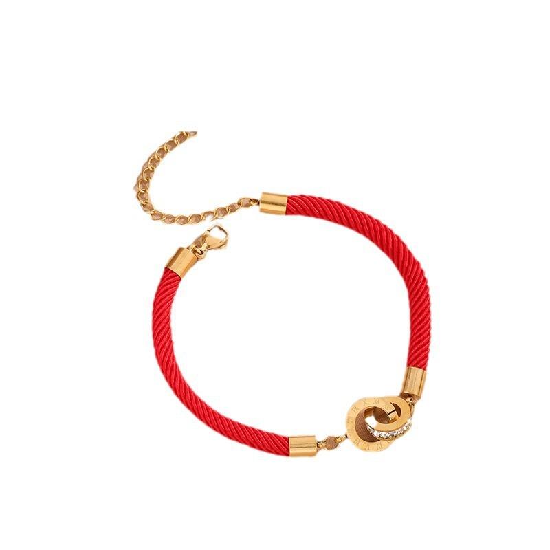 Stainless Steel Bracelets Roman Number Interlock Circle Braided Lucky Red Rope Fashion Charm Bracelet For Women Zircon Gifts