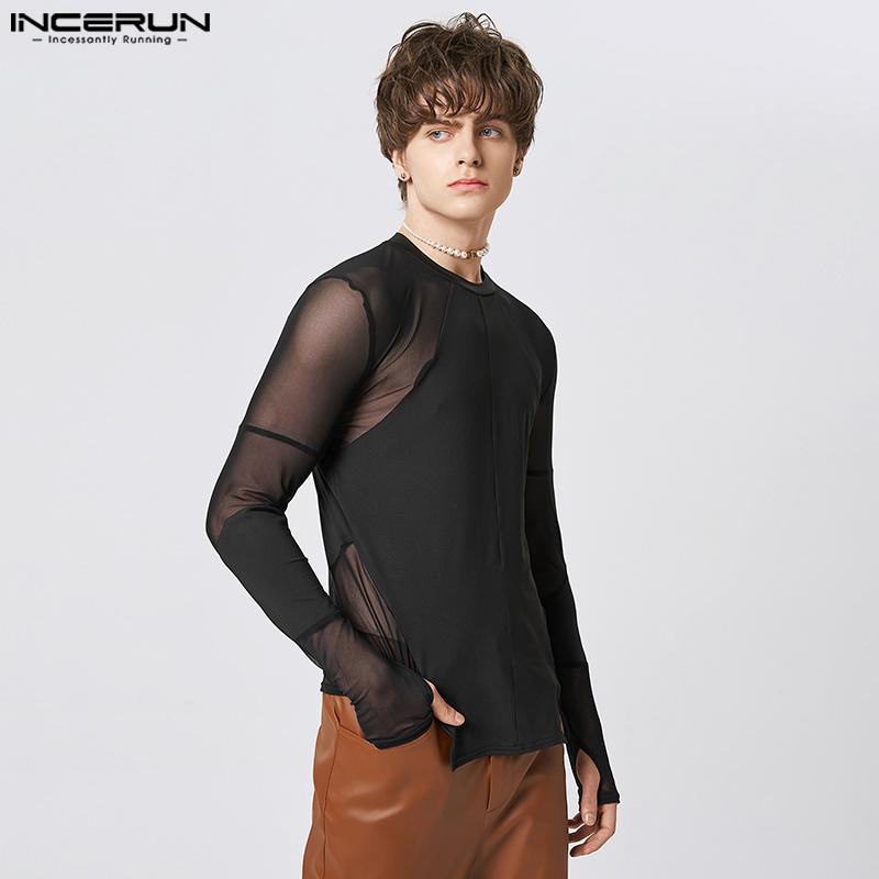 

INCERUN Весенние мужские прозрачные топы в стиле пэчворк с длинными рукавами