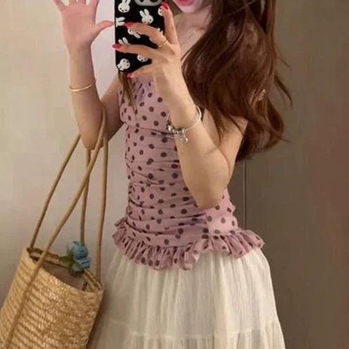French sweet polka dot bubble sleeve niche T-shirt women's summer new slim and thin high-end mesh top