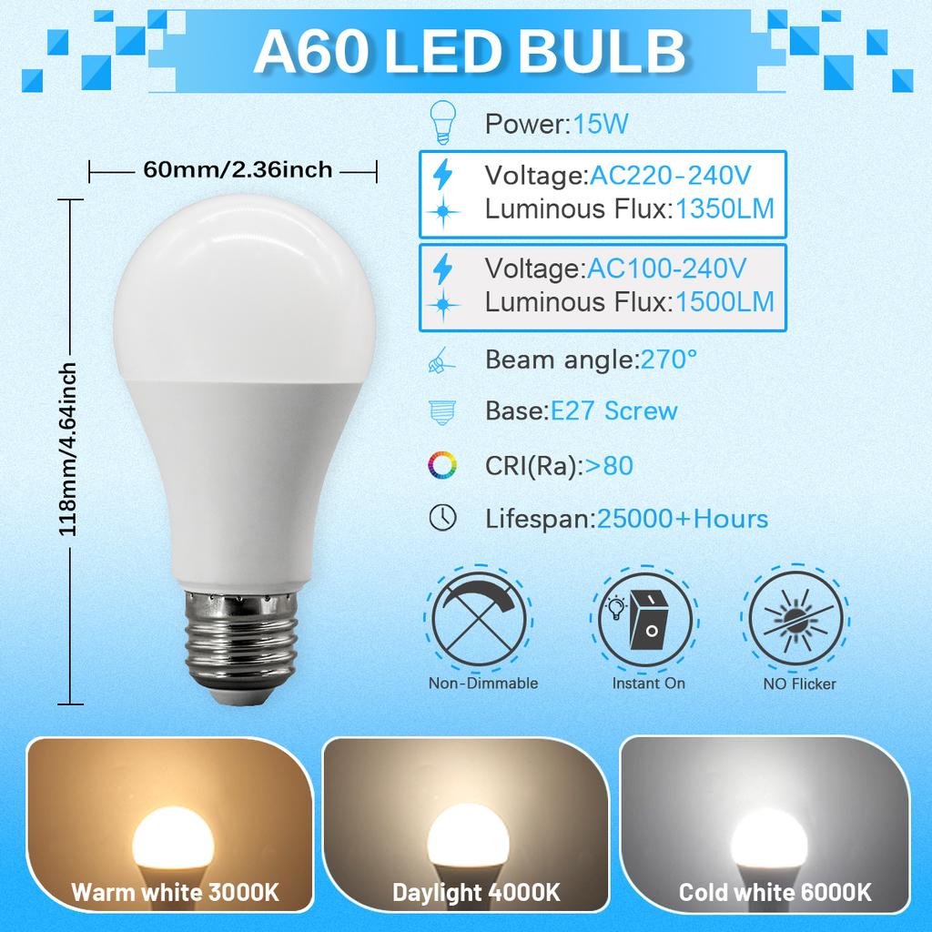 A60 A80 LED Bulb Lamps 8W 9W 10W 12W 15W 18W 20W 24W  Light Bulbs AC 220V 110V E27 Daylight Lighting for Home Foyer Room Decor