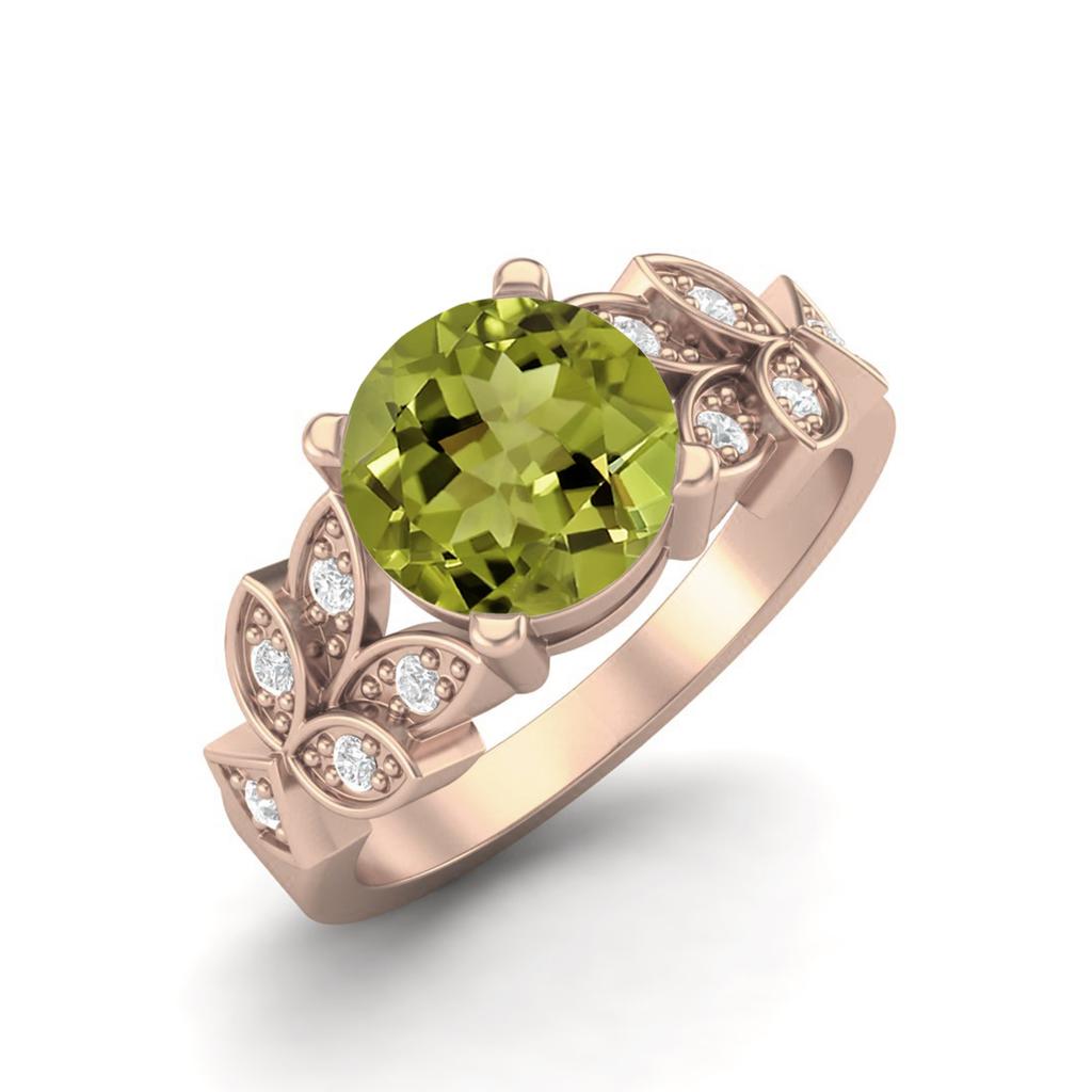 8mm Round Peridot 925 Sterling Silver Rose Vermeil Solitaire Leaf Design Women Wedding Ring