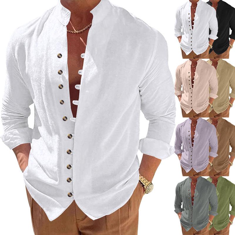 

New buckle-down men s retro linen casual loose long-sleeved shirt S