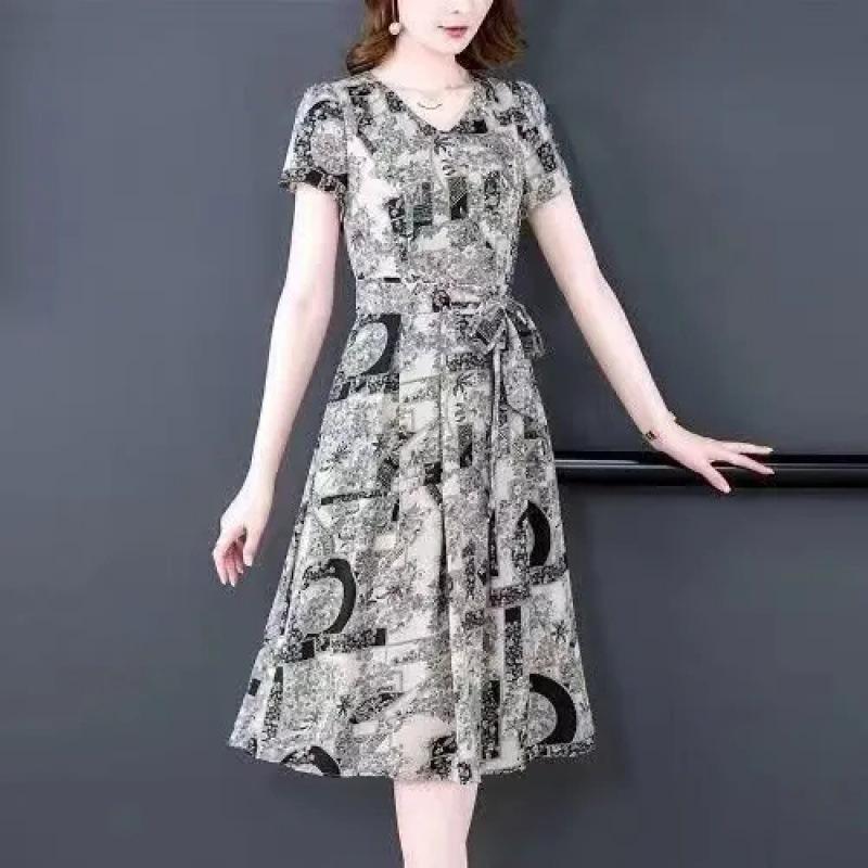 Female Faux Ice Silk Dress Summer New Tie Short-sleeved Dress Printed Thin Show Young V-neck Foreign-style Loose Dresses