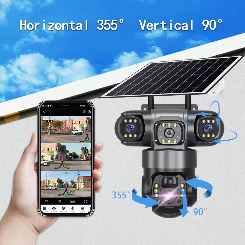 LS VISION Solar 4G Camera With Sim Card 12MP 6K Three Lens Three Screen Monitor Night Vision Security Protection PTZ Video Surveillance