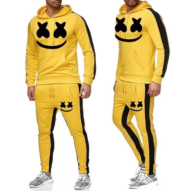 Completo da uomo invernale con cappuccio in misto cotone Tuta sportiva con stampa Marshmello Smile