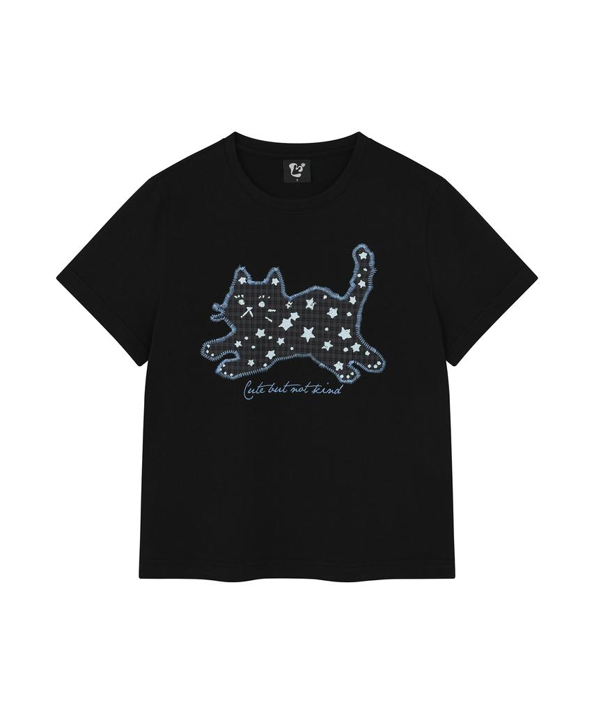 LMR Star Dot Cat Applique Short Sleeve T-Shirt Black