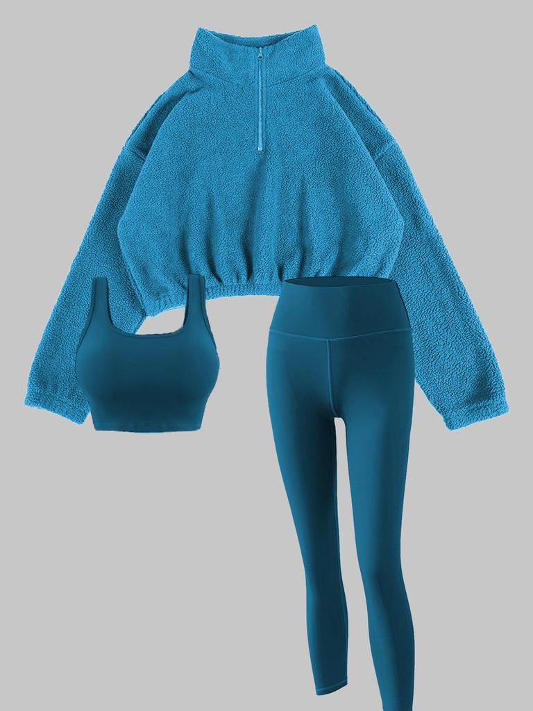 European & American Autumn/Winter Women's Fleece Three-Piece Set: High-Neck Half-Zip Sweatshirt, Vest, and Long Pants for Fitness.