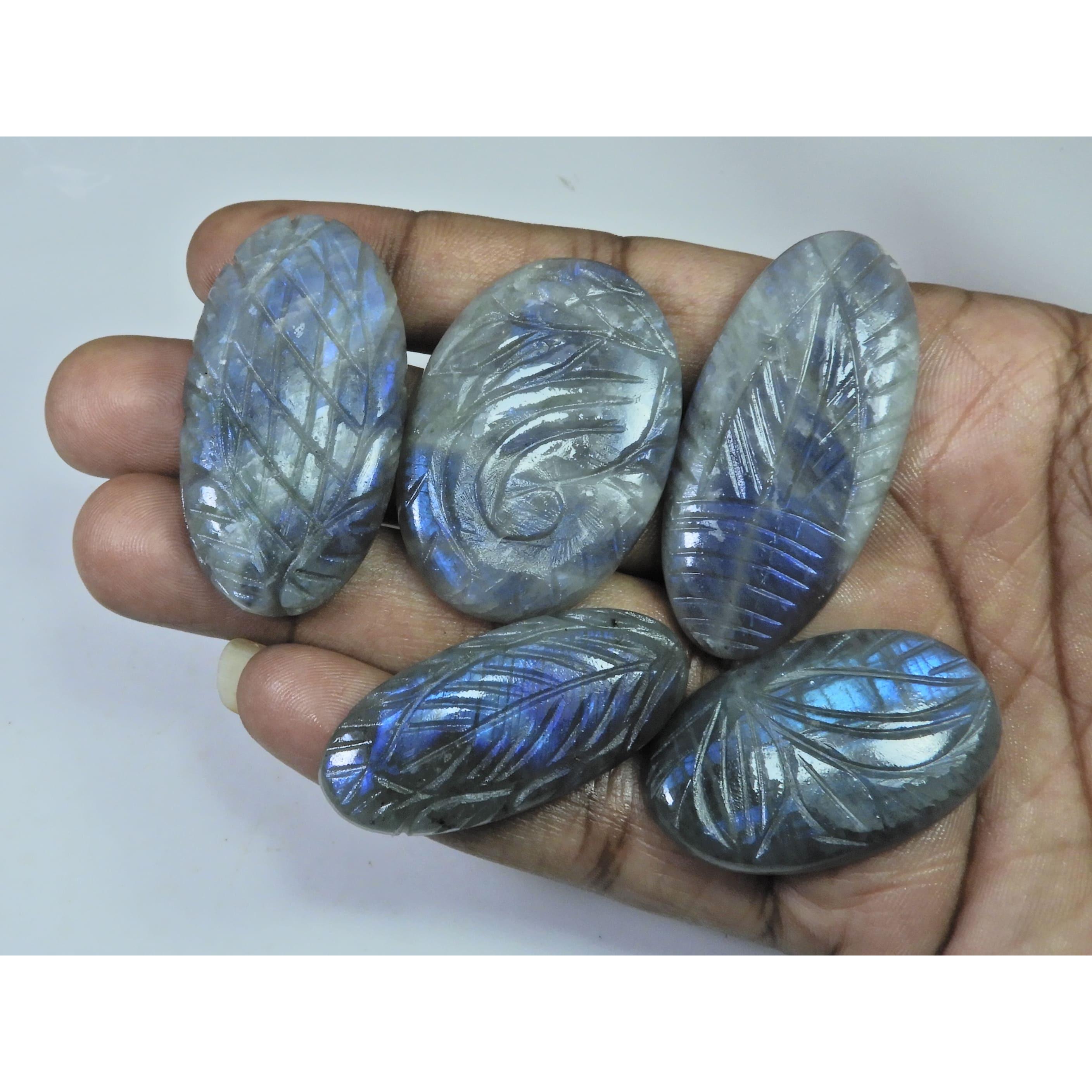

338Cts. Natural Labradorite Carving Oval Cabochon Loose Gemstone 5Pcs Lot LL-1042