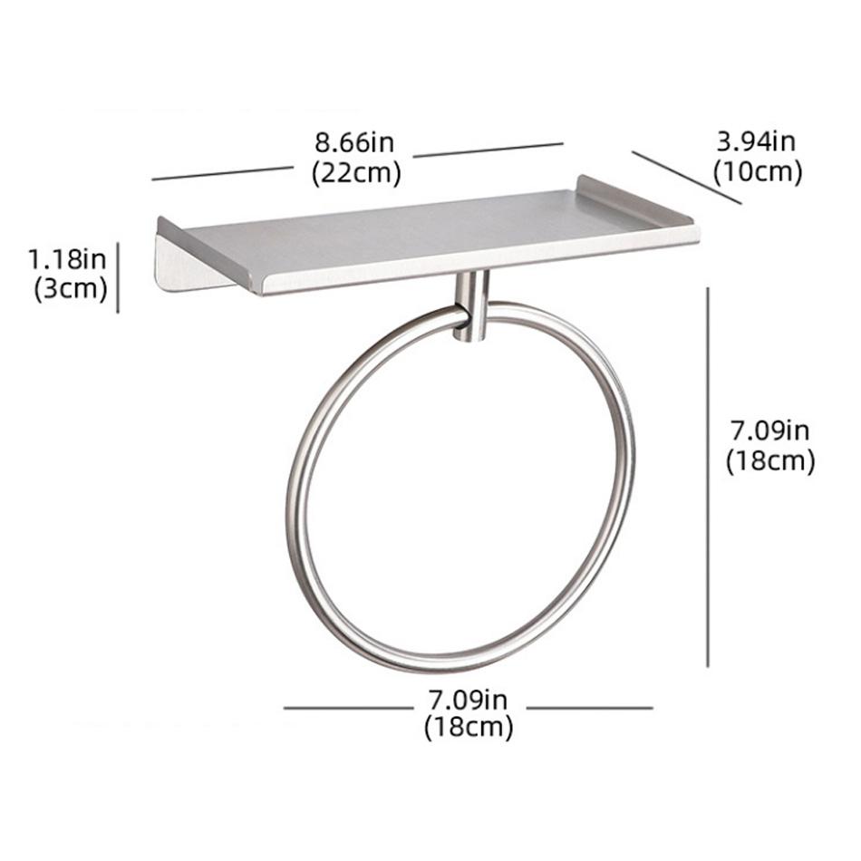 Bathroom Towel Ring with Shelf Stainless Steel Black Brushed Adhesive Wall Mounted Lavatory Oval Towel Holder Storage Hanger