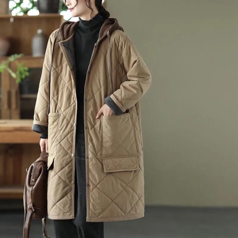 Women's Winter Diamond-pattern Hooded Literary Warm Coat, Loose and Casual Mid-length Quilted Thick Coat