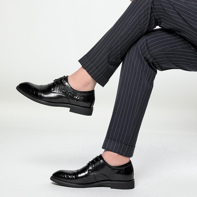 Spring New Leather Shoes Men's First Layer Cowhide Business Suit Pointy Shoes Trendy Breathable Black Groom Wedding