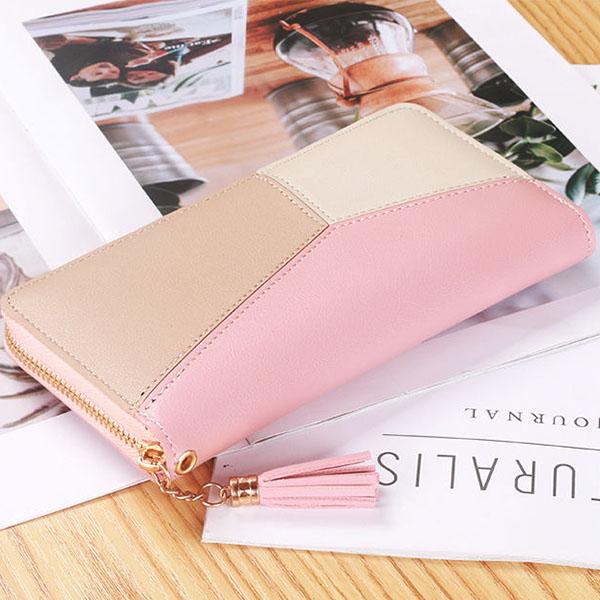 Bolso de borlas para mujer Billetera cosida de cuero Bolso largo con cremallera para teléfono móvil Bolso de mano informal para cambio Bolso de color contrastante para dama