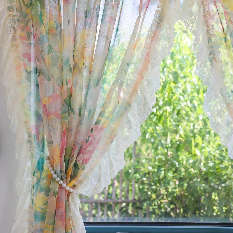 Romantic Floral Sheer Curtains for Girls Bedroom, Vintage Printed Light Filtering Privacy Semi-Sheer Sweet Ruffle Edge Curtains 2 Panels, Rod Pocket