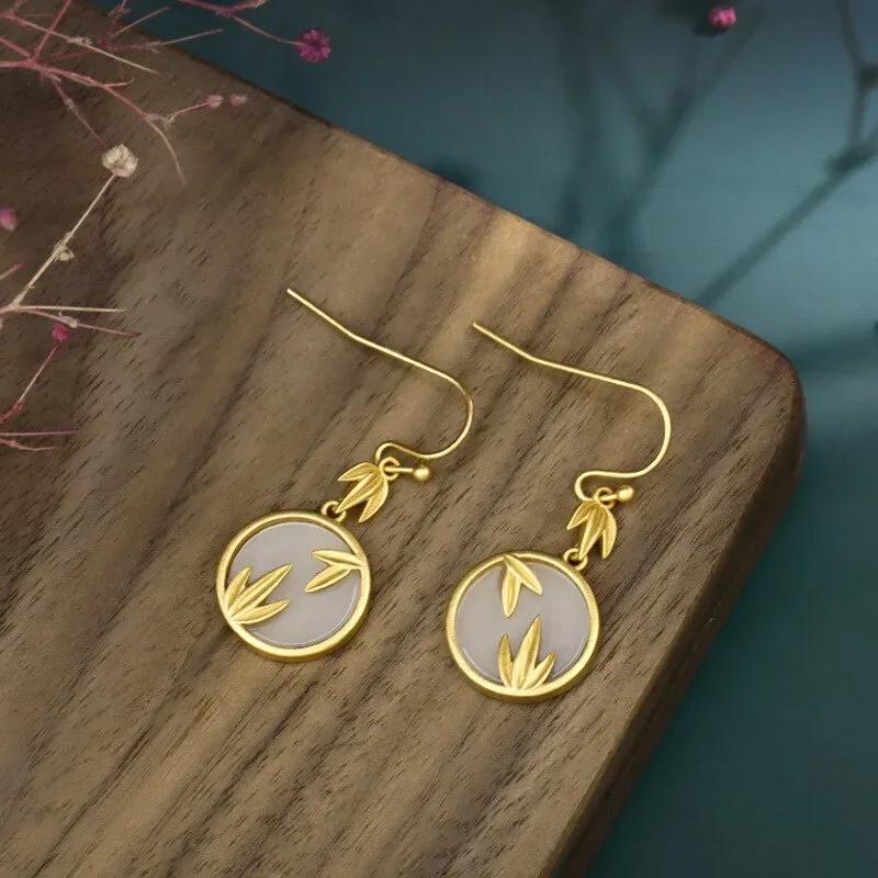 Classic Palace Style Earrings Copper Gold Plated Imitation Hotan Jade Earrings China-Chic Bamboo Leaves Premium Earrings Jewelry