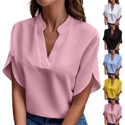 Casual Summer V Neck Pullover Shirt Short Sleeve Spring Summer Versatile Solid Color