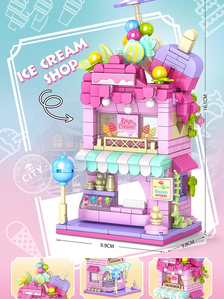City Building Blocks Ice Cream Shop Dessert House Model Set Desktop Decor Kids DIY Toys Christmas Birthday Gift