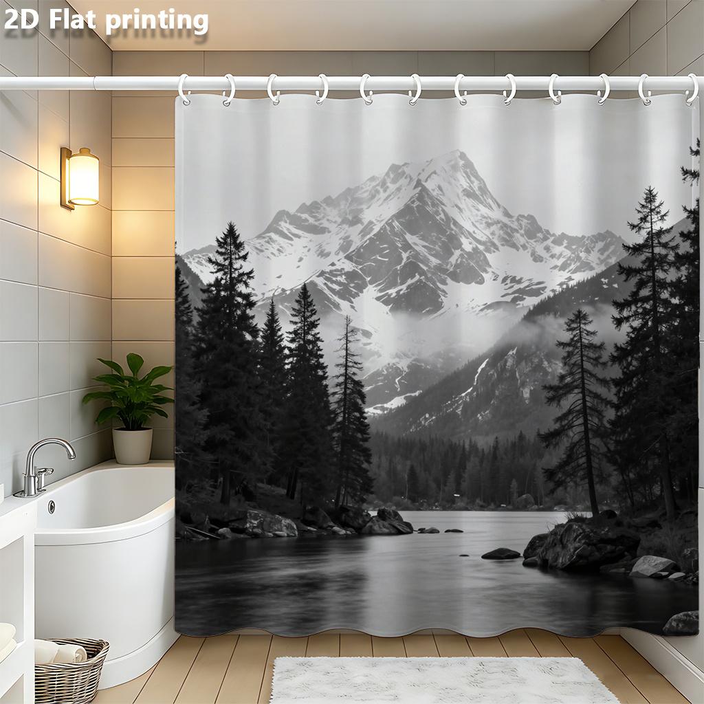 

Black & White Mountain Forest Shower Curtain 1Pc Polyester 2D Flat Print 70.8X70.8 Inch Scenic Landscape Modern Bathroom Decor W60H190(CM)-1 Pcs