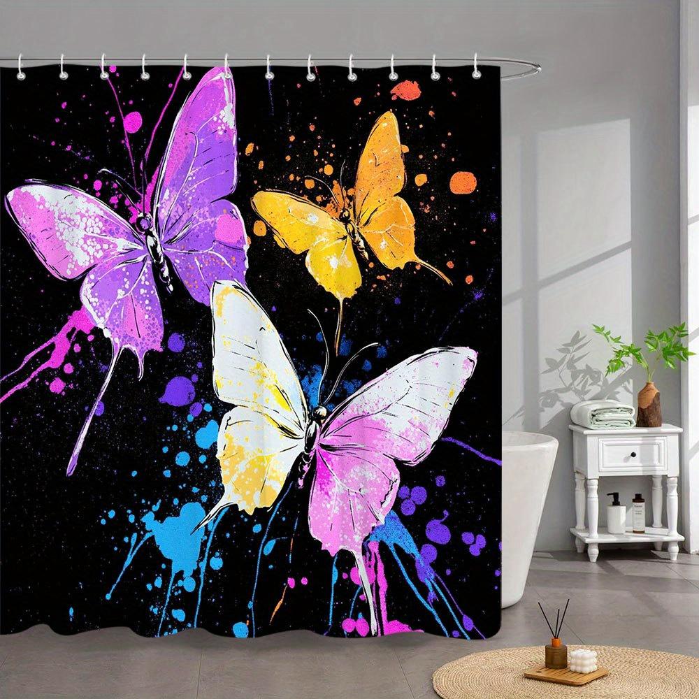 1pc Extra Large Bathroom Shower Curtain - Elegant Watercolor Butterfly Design with Pink, Purple, Blue, Orange, Yellow on Black B 90x180cm