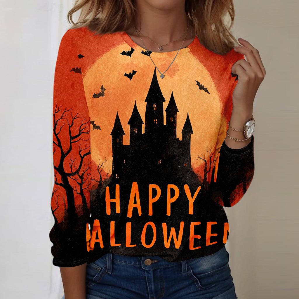 Women's Casual Long Sleeve Crewneck Top with Halloween Print for Fall Festive Wear