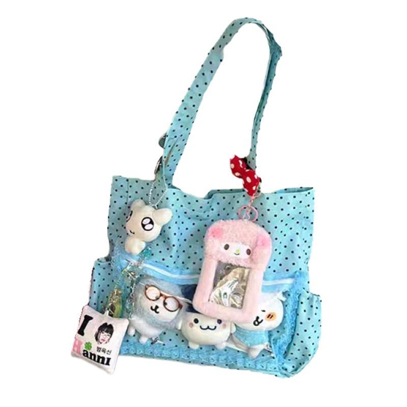 Cute Transparent Polka Dot Canvas Ita Bag Large Capacity Fashionable Casual Commuter Shoulder Tote Handbag For Girls Only bag no pendant