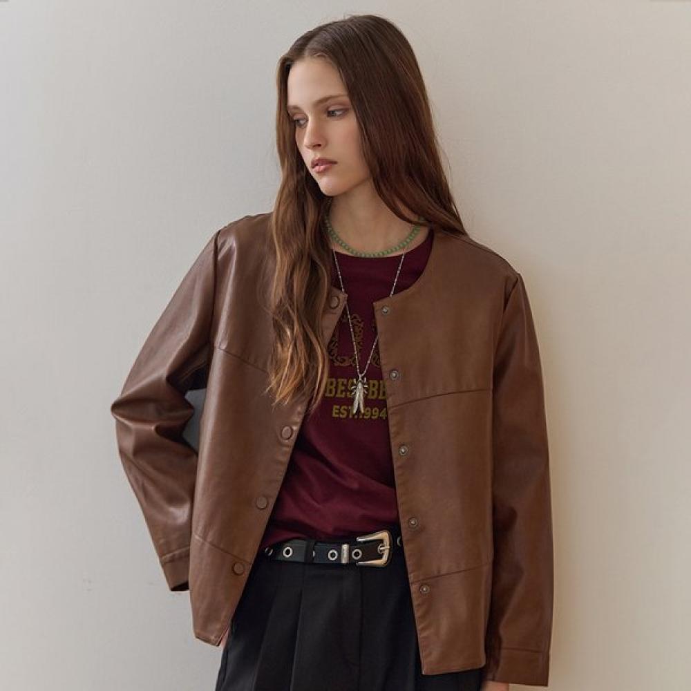 Maxza Round Collar Fake Leather Jacket Zb03jp002