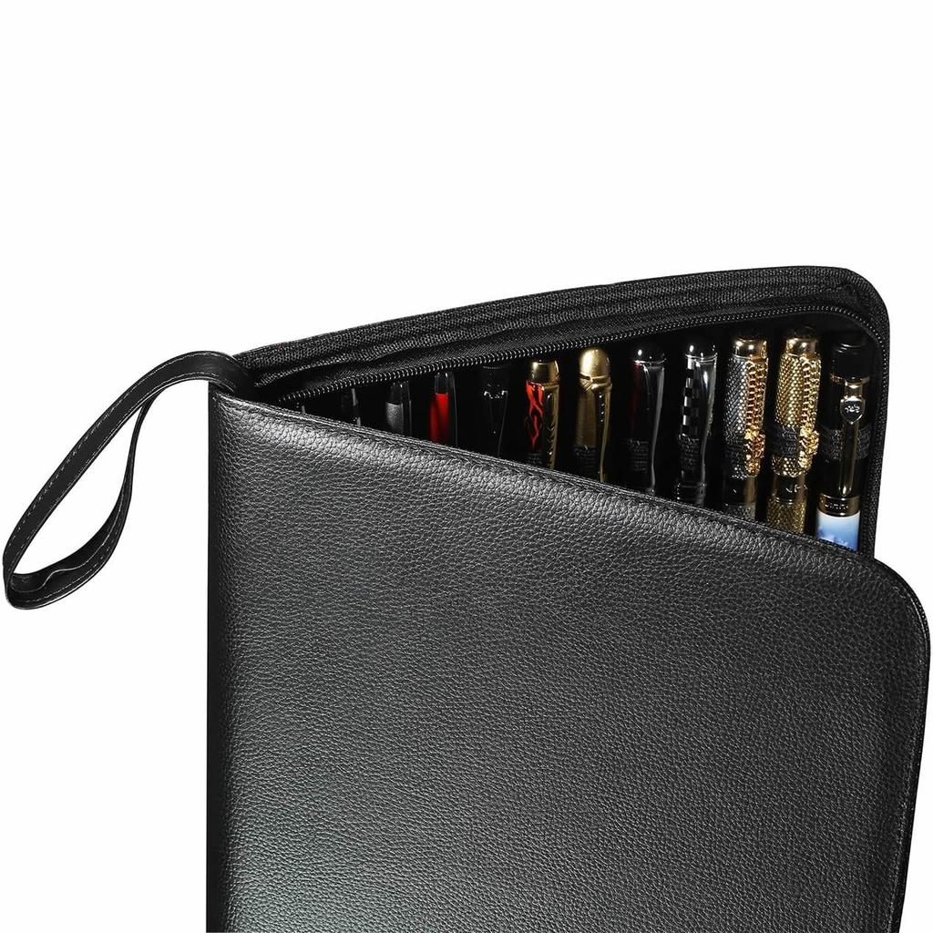 Astuccio Portapenne In Pelle Nera 46 Slot - Custodia Per Penne Stilografiche E Da Collezione