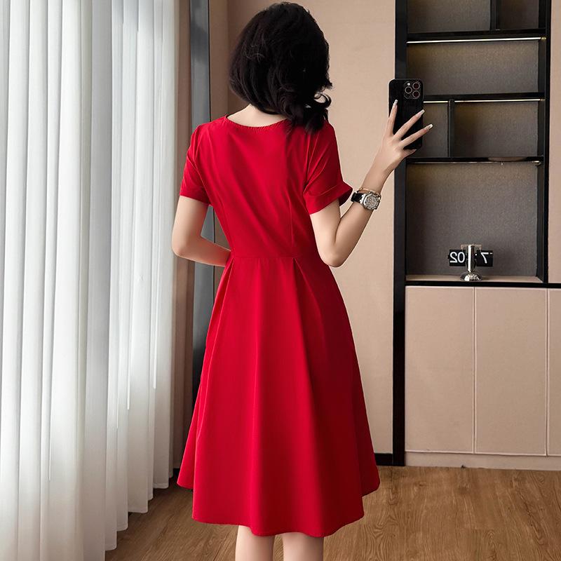 2026 Elegant Red French Short-Sleeve Slimming Plus Size Women's Dress