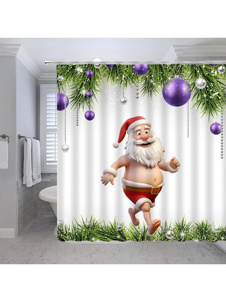 

Merry Christmas Shower Curtain Funny Santa Claus Purple Silver Xmas Ball New Year Green Pine Fir Branch Winter Holiday BoysGirls 90x180CM