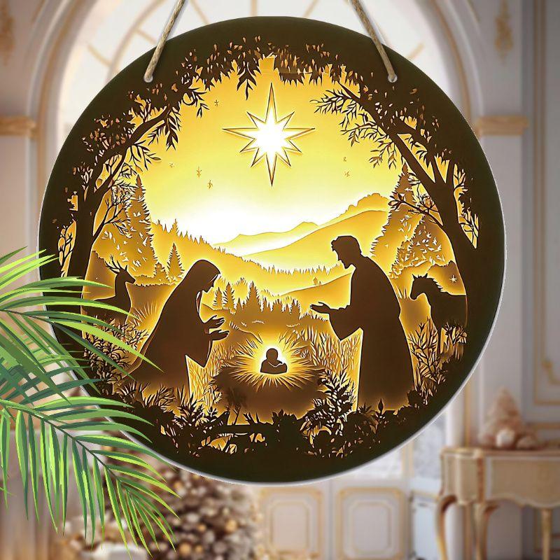 Hellig natt Krybbespill anheng, dekorasjon av hjemmevegger eller dører, 2d flatt tre, juledekorasjon, gaver til venner og familie