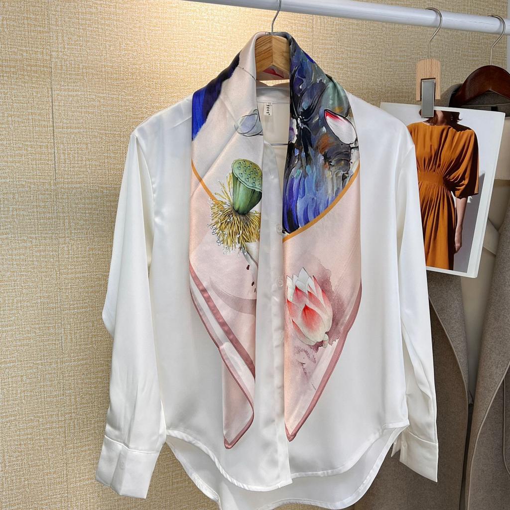 Silk Scarf, National Style Poetic Lotus 100% Mulberry Silk Silk Scarf, Spring And Autumn Versatile Scarf 90 Square Scarf