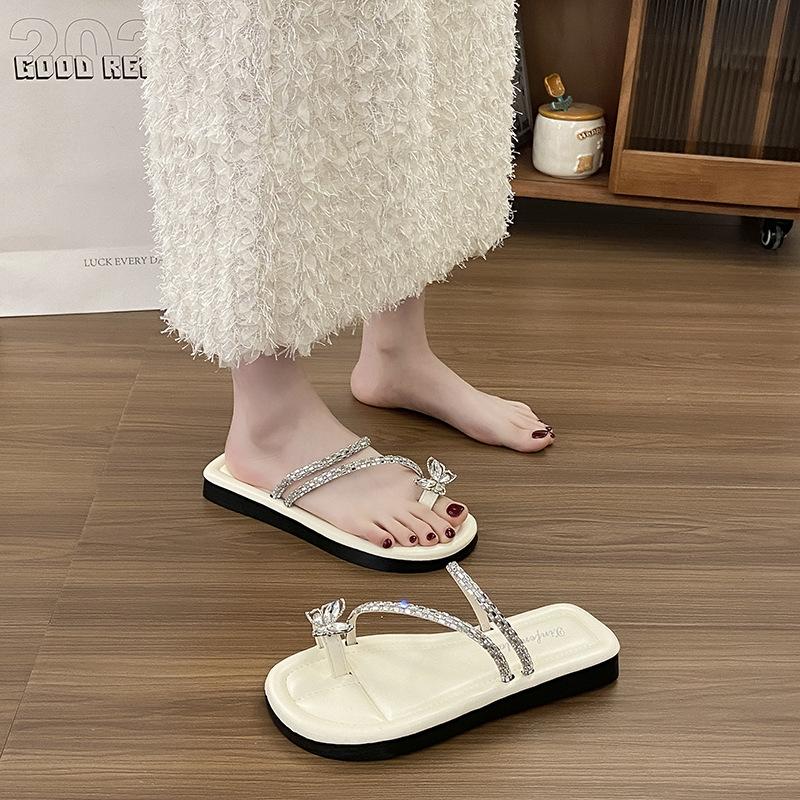 Flat Bottom French Set Toe Small Cool Slippers Women's 2025 New Summer Soft Bottom with Skirt Rhinestones Beautiful Seaside Sandals