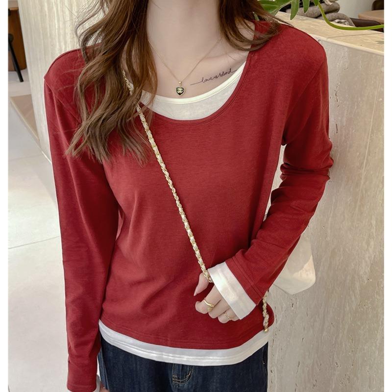 Women Fall Fake Two Piece Bottom Positive Shoulder Long Sleeve Loose Top